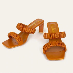 LULUS Twyy Medium Nude High Heel Sandals Square Toe Strappy Scrunchie Sandals